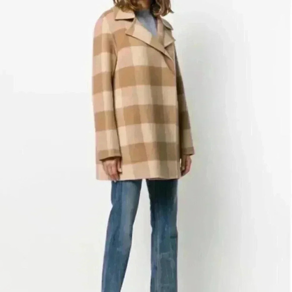 NWT Theory Buffalo Plaid Double Faced Check Overlay Tan Blazer Wool Coat Large - Picture 2 of 11
